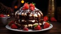 a chocolate cake topped with chocolate and strawberries on a table