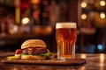 AI generated illustration of a delicious looking burger and glass of beer on a table