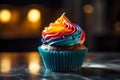 Ai-generated illustration of a delicious, multicolored cupcake resting on a table