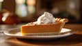 AI generated illustration of a delicious piece of pumpkin pie on a plate atop a wooden table