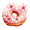 AI generated illustration of a pink doughnut decorated with floral accents on a white background