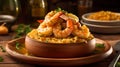 AI generated illustration of a delicious plate of an appetizing Mofongo with Shrimp