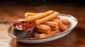 AI generated illustration of a delicious plate of churros served with a side of ketchup for dipping