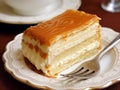 AI generated illustration of a delicious slice of layered cake on a plate with a fork