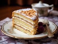 AI generated illustration of a delicious slice of layered cake on a plate with a fork