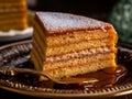 AI generated illustration of a delicious slice of layered cake on a plate with a fork