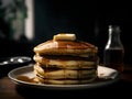 AI generated illustration of delicious stack of fluffy pancakes, topped with butter and maple syrup