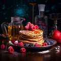 AI generated illustration of a delicious stack of pancakes topped with fresh berries and syrup