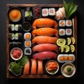 AI generated illustration of a delicious sushi platter featuring a variety of sashimi