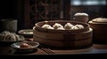 AI generated illustration of delicious Xiaolongbao on a tray on the table