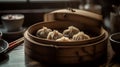 AI generated illustration of delicious Xiaolongbao on a tray on the table