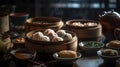 AI generated illustration of delicious Xiaolongbao on a tray on the table