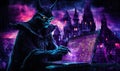 AI generated illustration of a demonic figure while working on a laptop in front of a purple castle