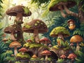 AI generated illustration depicting mushrooms, frogs and several creatures in the forest