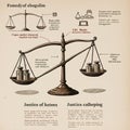An AI-generated illustration depicting a stylized balance scale with weights, labeled in Royalty Free Stock Photo