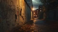AI generated illustration of a derelict urban alleyway along a graffiti-covered wall at night Royalty Free Stock Photo