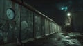 AI generated illustration of a derelict urban alleyway along a graffiti-covered wall at night Royalty Free Stock Photo