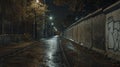 AI generated illustration of a derelict urban alleyway along a graffiti-covered wall at night Royalty Free Stock Photo