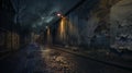AI generated illustration of a derelict urban alleyway along a graffiti-covered wall at night Royalty Free Stock Photo