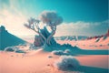 AI generated illustration of a desert with a lonely tree covered with snow Royalty Free Stock Photo