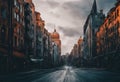 AI generated illustration of a deserted city street with towering buildings on either side