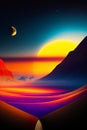 AI generated illustration of a deserty landscape at sunset with the moon in the sky Royalty Free Stock Photo