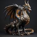 AI generated illustration of a detailed, metallic sculpture of a black and gold dragon