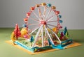 AI generated illustration of a detailed paper model of a classic ferris wheel, with miniature trees