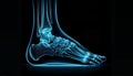 A detailed X-ray of a human foot, illuminated in blue against a black background.