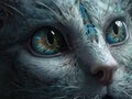 AI generated illustration of details on a beautiful ethereal cat with glowing blue eyes