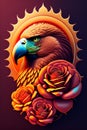 AI generated illustration of a determined eagle head in a frame decorated with roses