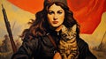 AI generated illustration of a determined female soldier is pictured with a cat on an aged poster