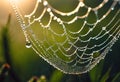 A dew-covered spider web glistens in the early morning sunlight Royalty Free Stock Photo