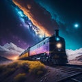 AI generated illustration of a diesel train locomotive traveling through a barren desert landscape Royalty Free Stock Photo