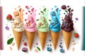 AI generated illustration of different yummy ice cream cones on a white background