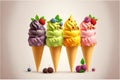 AI generated illustration of different yummy ice cream cones on a white background