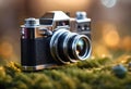 AI-generated illustration of a digital camera resting on a patch of moss in a forest landscape Royalty Free Stock Photo