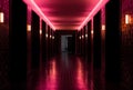 AI generated illustration of a dimly lit hallway illuminated by a soft pink neon light