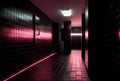 AI generated illustration of a dimly lit hallway illuminated by a soft pink neon light