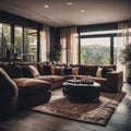 AI generated illustration of a dimly lit living room featuring a stylish leather sofa Royalty Free Stock Photo