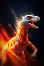 AI generated illustration of a dinosaur with a colorful burning body on a dark background