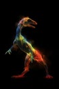 AI generated illustration of a dinosaur with a colorful burning body on a dark background