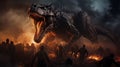 AI generated illustration of a dinosaur running after a group of people engulfed in flames Royalty Free Stock Photo