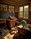 AI generated illustration of a disheveled schoolroom with a globe atop its desk