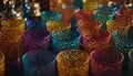 rows of glasses on display with colored glass cups sitting on a table Royalty Free Stock Photo