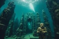 AI generated illustration of a diver exploring the old sculptures of Atlantis underwater Royalty Free Stock Photo
