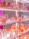 AI-generated illustration of a diverse collection of cosmetics showcased on a shelf