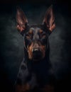 AI generated illustration of a Doberman portrait on a dark background