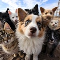 AI generated illustration of a dog and a group of cats on the street