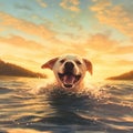 AI generated illustration of a dog leaping out of a lake, its eyes bright
